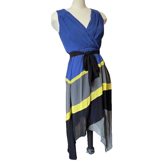 Max and Cleo Sheer Asymmetrical Dress Sz 4 (Small) Striped Blue, Yellow, & Gray - Picture 10 of 15